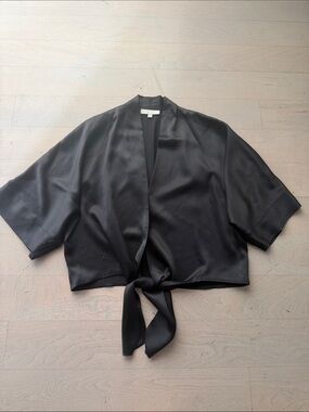 Black 100% Silk Satin Tie-Front Short Sleeve Blouse